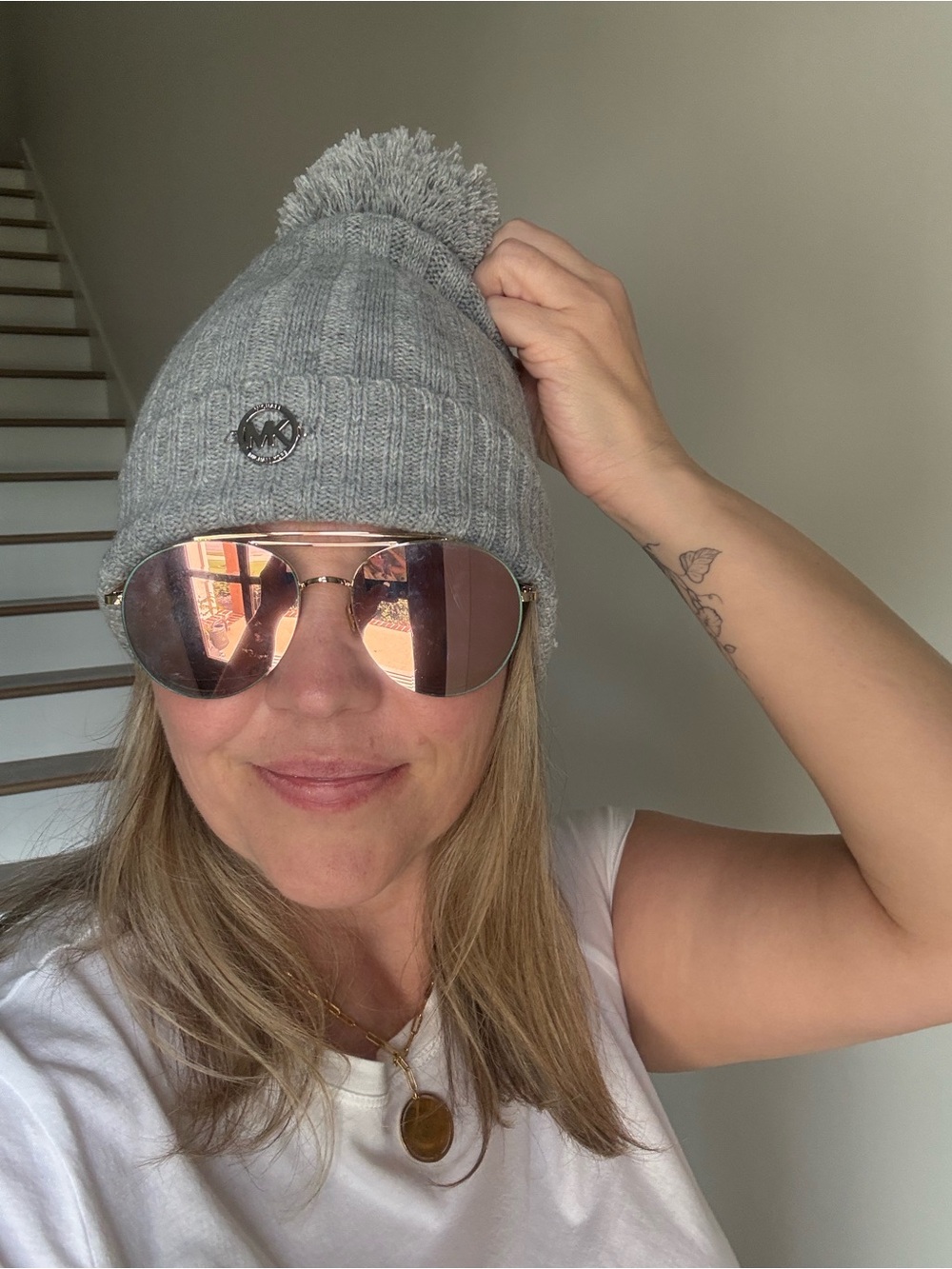 Michael Kors Light Gray Ribbed Pom Beanie with Logo